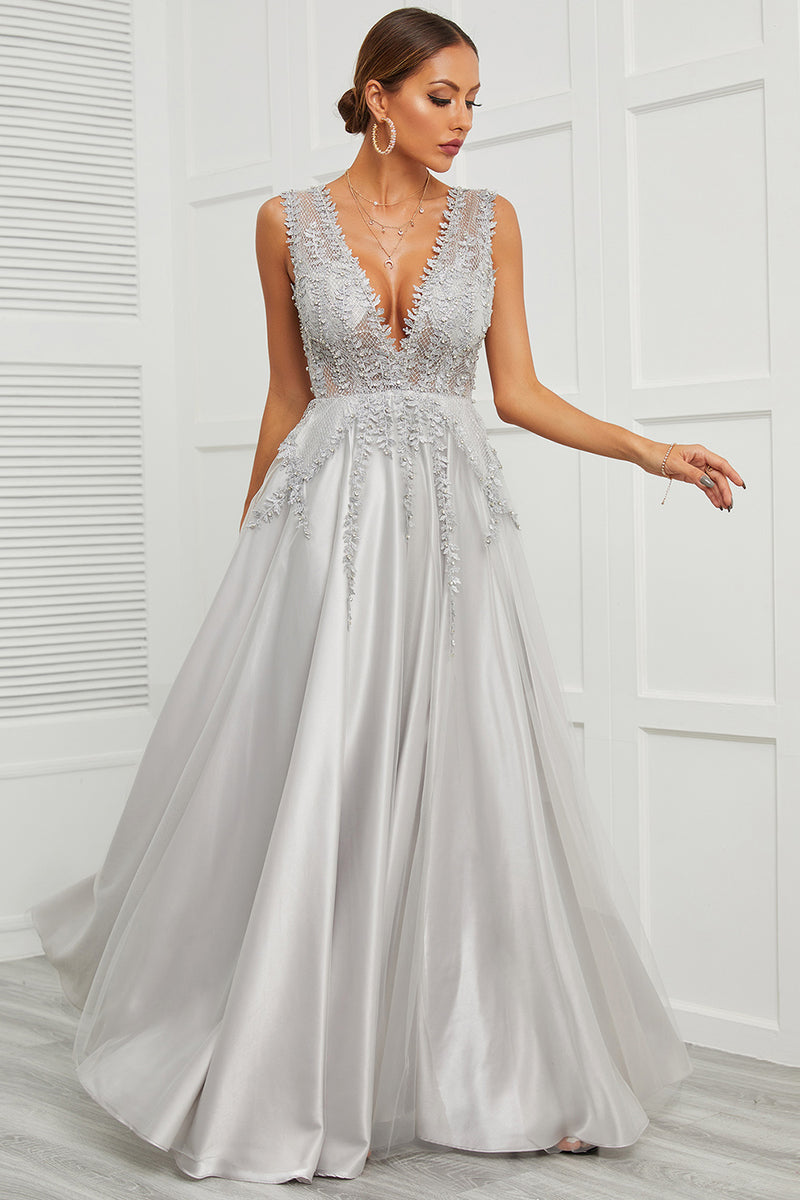 Load image into Gallery viewer, Deep V Neck Grey Long Formal Dress with Appliques