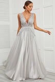 Deep V Neck Grey Long Formal Dress with Appliques