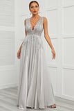 Deep V Neck Grey Long Formal Dress with Appliques