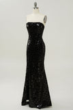 Black Strapless Sequined Mermaid Formal Dress