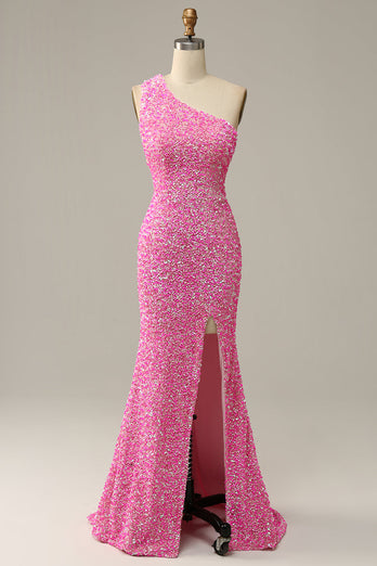 Fuchsia Sequined One Shoulder Mermaid Formal Dress With Slit