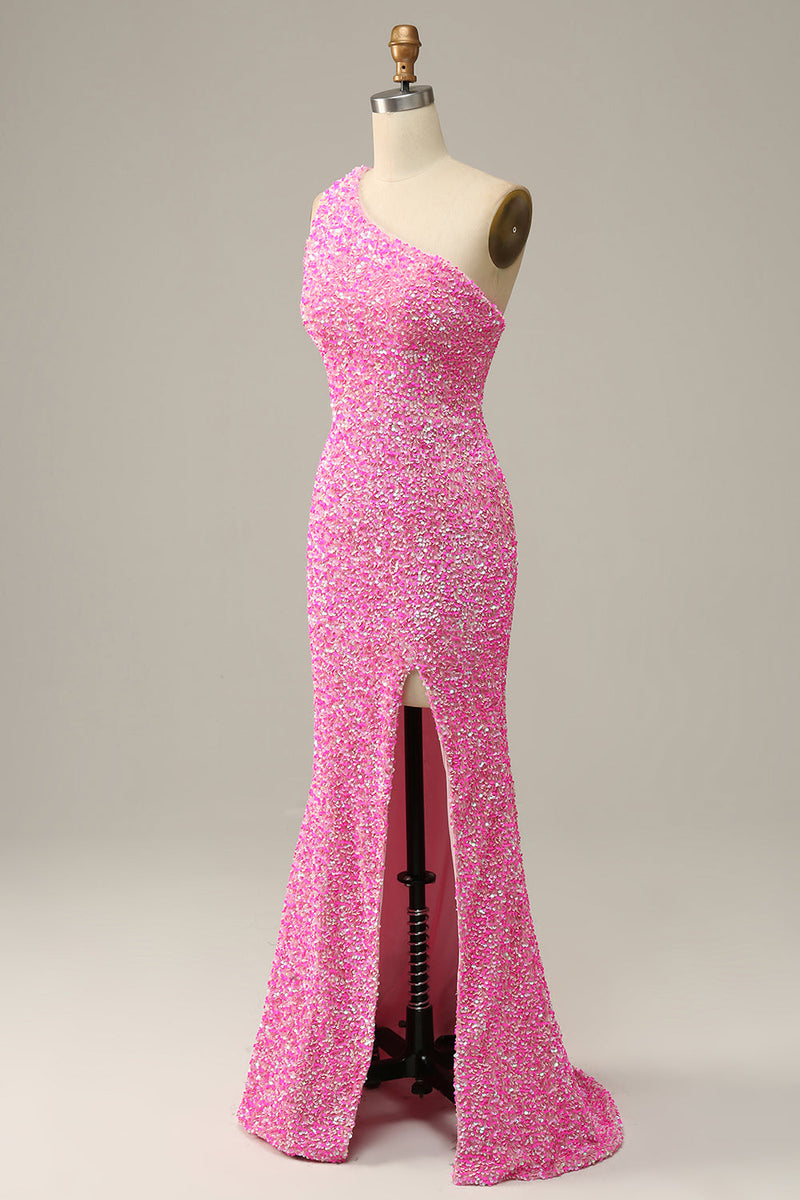 Load image into Gallery viewer, Fuchsia Sequined One Shoulder Mermaid Formal Dress With Slit