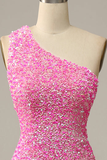 Fuchsia Sequined One Shoulder Mermaid Formal Dress With Slit