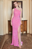 Mermaid One Shoulder Fuchsia Sequins Long Formal Dress with Split Front