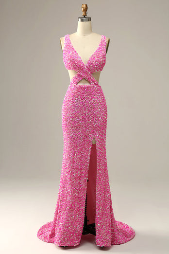 Fuchsia Sequined V-Neck Cut Out Formal Dress