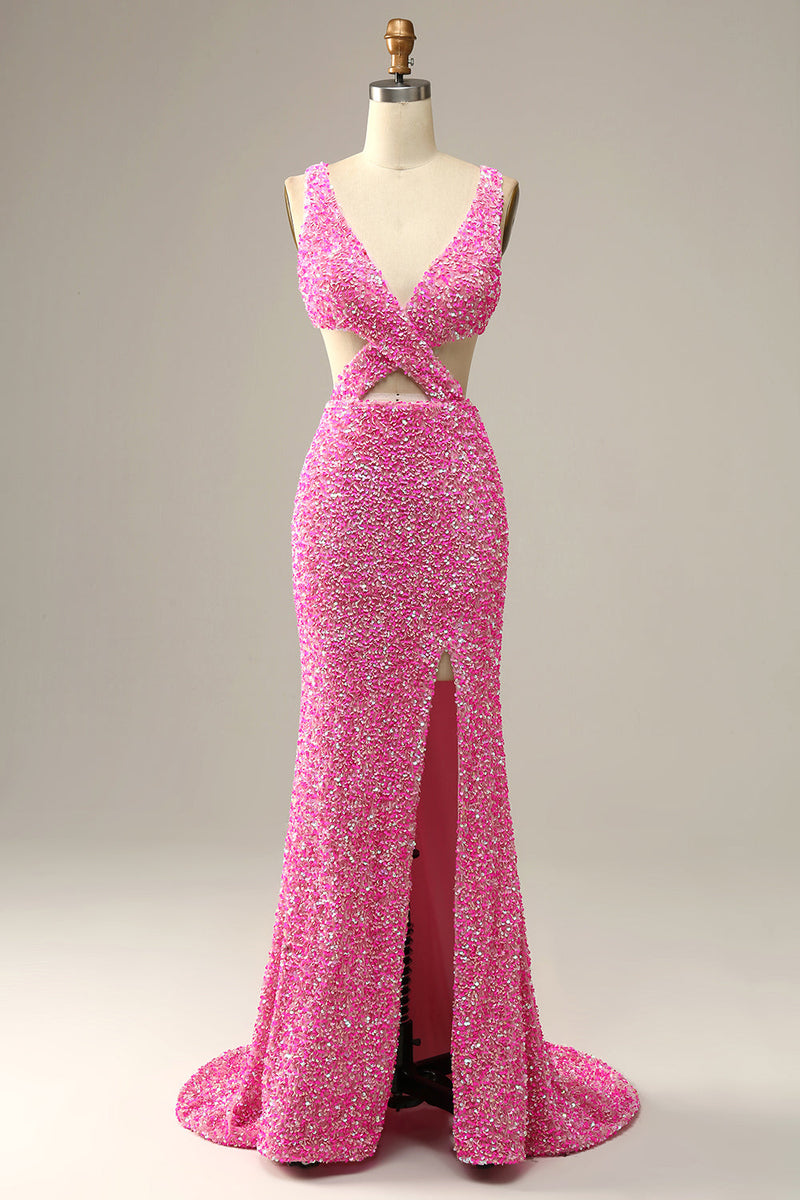 Load image into Gallery viewer, Fuchsia Sequined V-Neck Cut Out Formal Dress