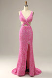 Fuchsia Sequined V-Neck Cut Out Formal Dress