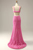 Load image into Gallery viewer, Fuchsia Sequined V-Neck Cut Out Formal Dress
