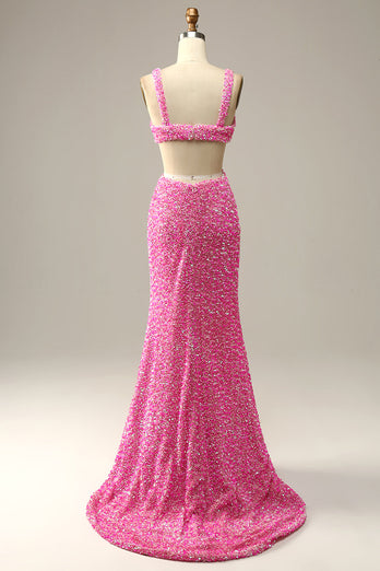 Fuchsia Sequined V-Neck Cut Out Formal Dress