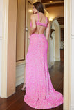 Fuchsia Sequined V-Neck Cut Out Formal Dress