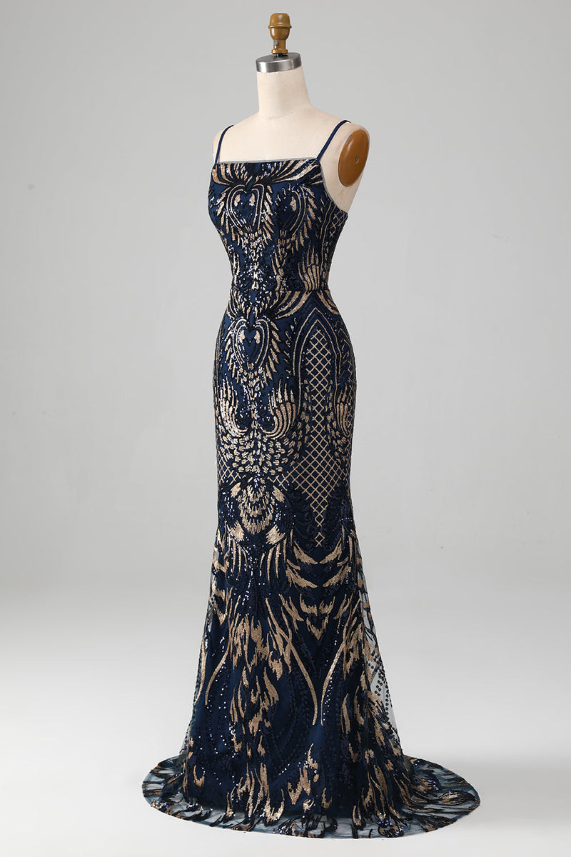 Load image into Gallery viewer, Sparkly Navy Spaghetti Straps Mermaid Formal Dress
