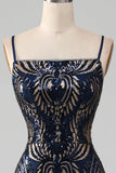 Sparkly Navy Spaghetti Straps Mermaid Formal Dress