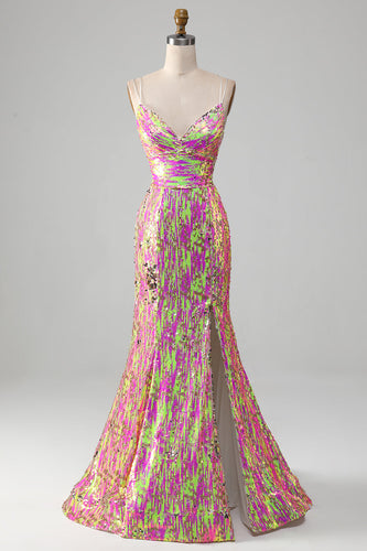 Hot Pink Sparkly Mermaid Formal Dress with Slit
