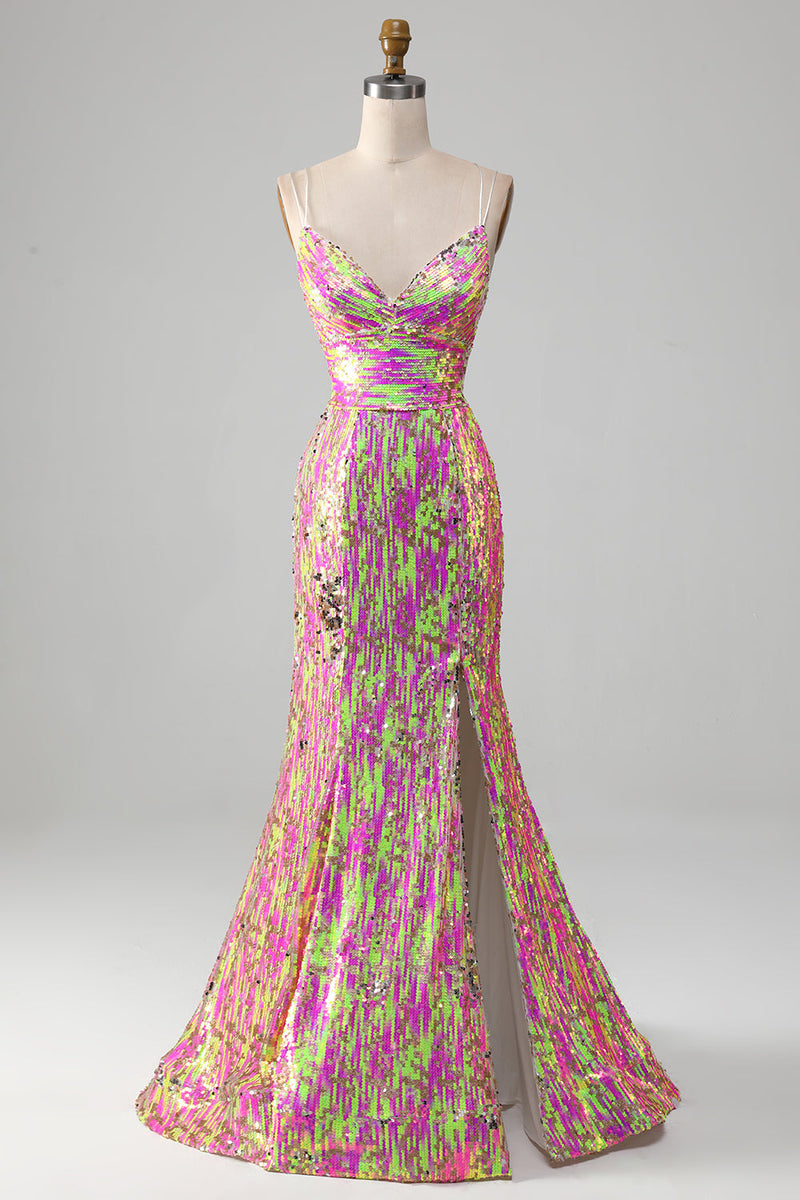Load image into Gallery viewer, Hot Pink Sparkly Mermaid Formal Dress with Slit