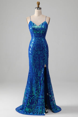 Royal Blue Mermaid Sparkly Formal Dress with Slit