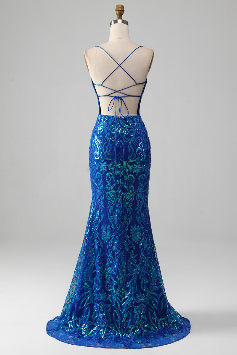 Load image into Gallery viewer, Royal Blue Mermaid Sparkly Formal Dress with Slit