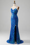 Royal Blue Mermaid Sparkly Formal Dress with Slit