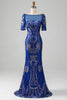 Load image into Gallery viewer, Mermaid Royal Blue Sparkly Formal Dress with Short Sleeves