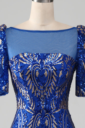 Mermaid Royal Blue Sparkly Formal Dress with Short Sleeves