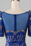 Mermaid Royal Blue Sparkly Formal Dress with Short Sleeves