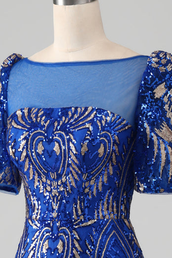 Mermaid Royal Blue Sparkly Formal Dress with Short Sleeves