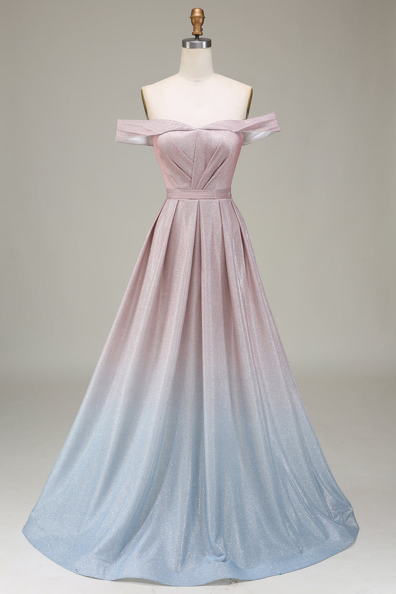 Load image into Gallery viewer, Off the Shoulder Grey Pink Sparkly Formal Dress with Pleats