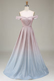 Off the Shoulder Grey Pink Sparkly Formal Dress with Pleats