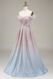 Off the Shoulder Grey Pink Sparkly Formal Dress with Pleats