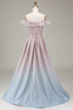 Off the Shoulder Grey Pink Sparkly Formal Dress with Pleats