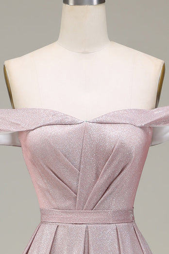 Off the Shoulder Grey Pink Sparkly Formal Dress with Pleats