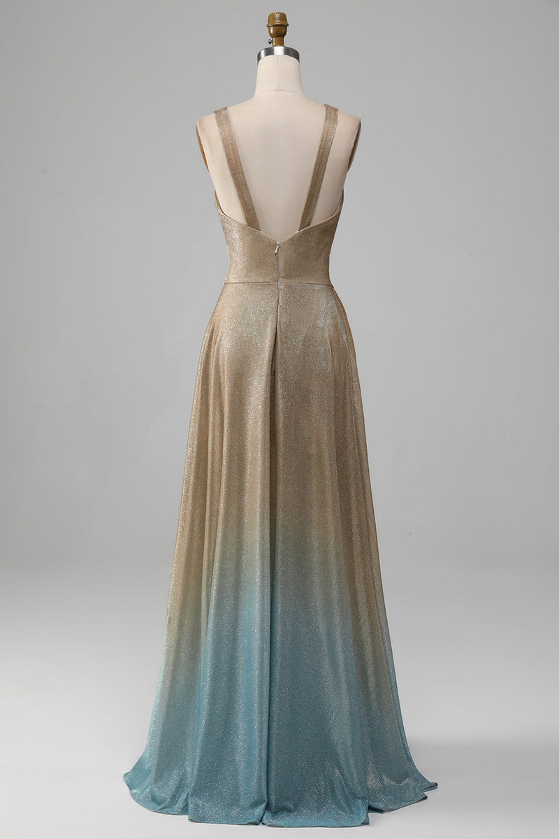 Load image into Gallery viewer, Glitter V-Neck Golden Formal Dress with Slit