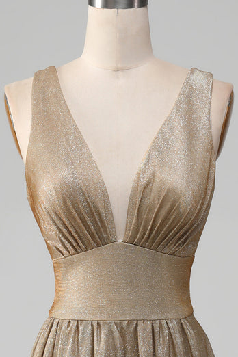 Glitter V-Neck Golden Formal Dress with Slit
