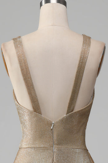 Glitter V-Neck Golden Formal Dress with Slit