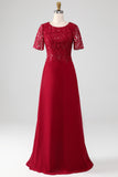 Burgundy A Line Round Neck Sequin Mother of Bride Dress With Appliques