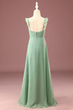 A-line Long Chiffon Matcha V-neck Spaghetti Straps Junior Bridesmaid Dress