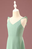 A-line Long Chiffon Matcha V-neck Spaghetti Straps Junior Bridesmaid Dress