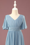 A-line Chiffon V-neck Floor Length Short Sleeves Junior Bridesmaid Dress