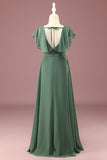 A-line Eucalyptus Chiffon Long Cap Sleeve Junior Bridesmaid Dress