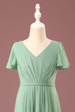 Long Matcha A-line Chiffon V-neck Short Sleeves Junior Bridesmaid Dress