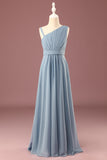 Dusty Blue One Shoulder A-line Chiffon Pleated Floor Length Junior Bridesmaid Dress