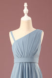 Dusty Blue One Shoulder A-line Chiffon Pleated Floor Length Junior Bridesmaid Dress