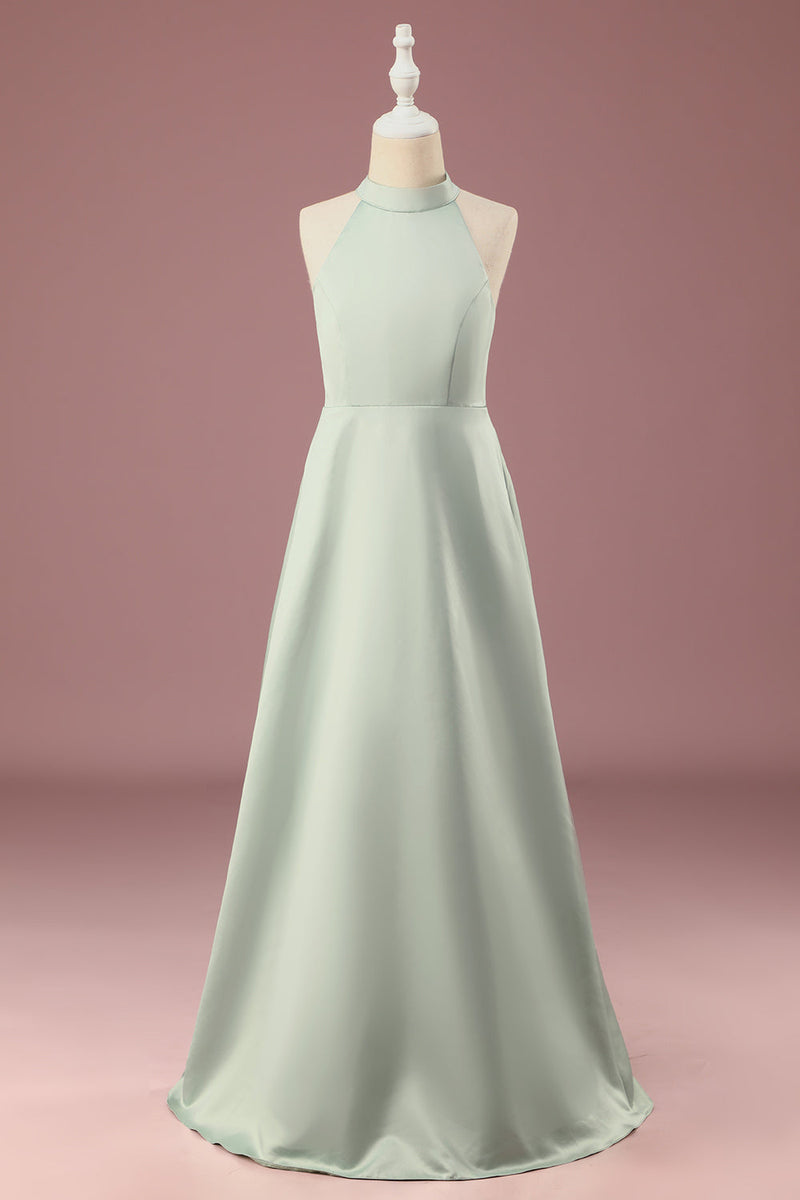 Load image into Gallery viewer, Matcha Satin A-line Halter Sleeveless Long Junior Bridesmaid Dress