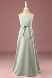 Matcha A-line Satin Spaghetti Straps Long Junior Bridesmaid Dress