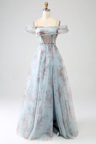 A-Line Blue Printed Cold Shoulder Long Corset Formal Dress with Slit