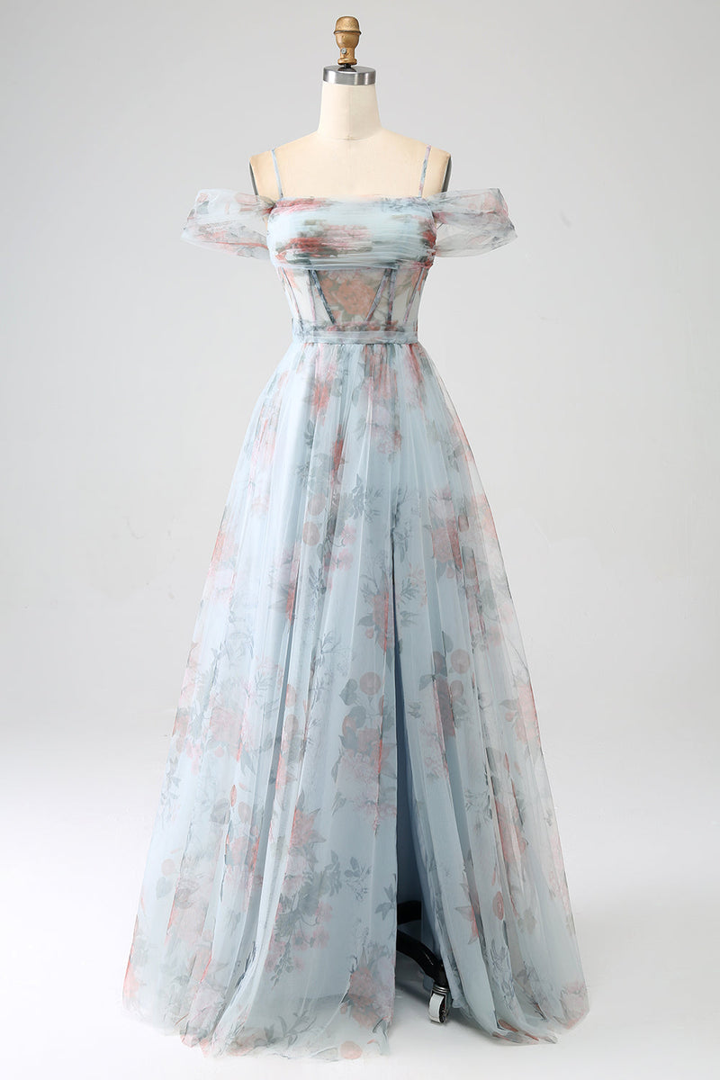 Load image into Gallery viewer, A-Line Blue Printed Cold Shoulder Long Corset Formal Dress with Slit
