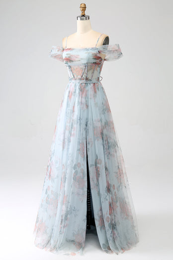 A-Line Blue Printed Cold Shoulder Long Corset Formal Dress with Slit