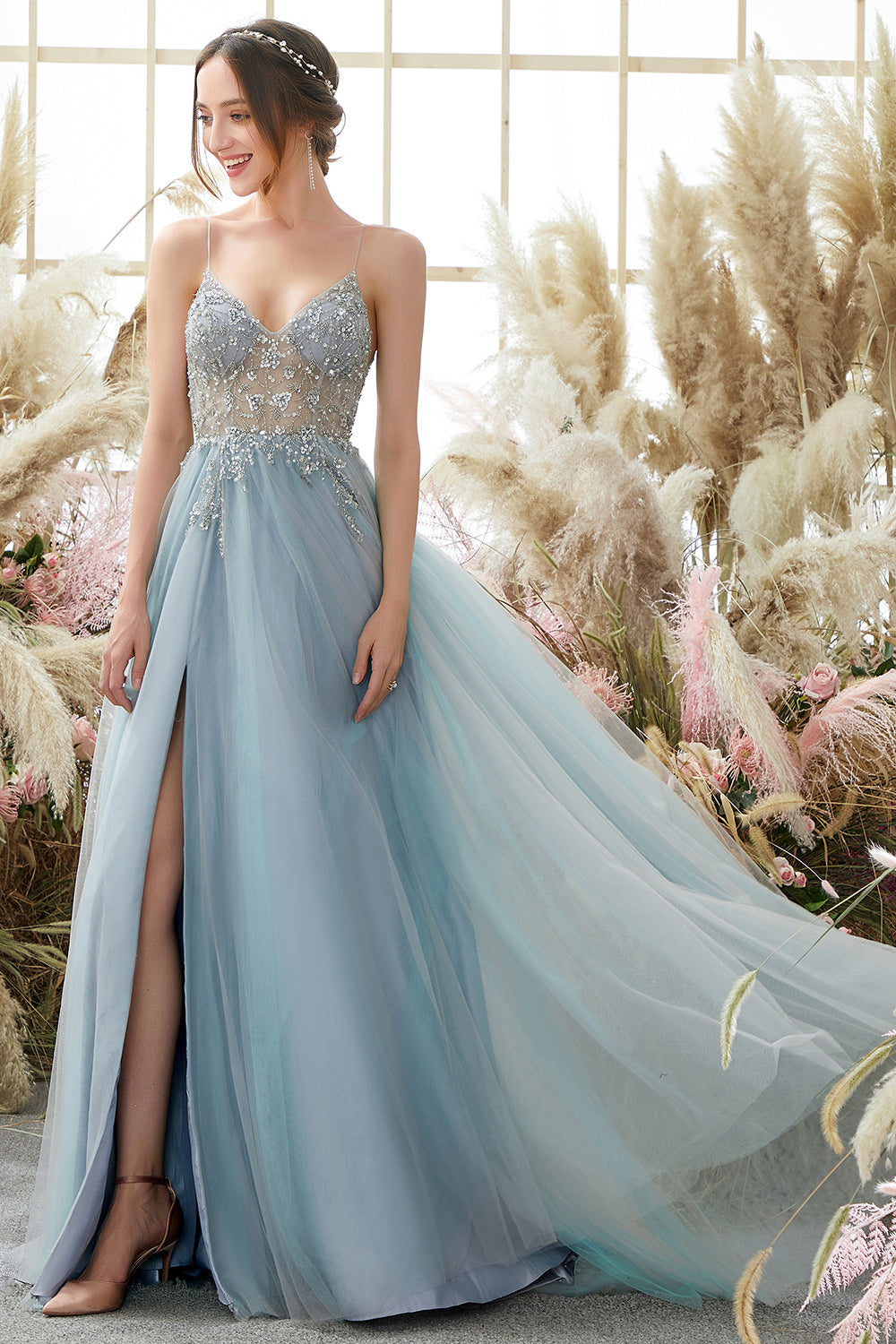 Light Blue Beading Tulle Prom Dress