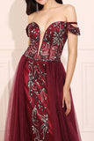 Burgundy Beaded Long Prom Dress