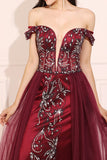 Burgundy Beaded Long Prom Dress