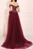 Burgundy Beaded Long Prom Dress